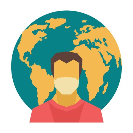 Man in medical mask on Earth background. Vector illustration Earth quarantine.のイラスト素材