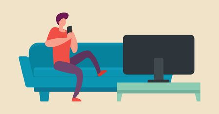 Man sits on a sofa and watches TV. Stay home. Vetor concept with quarantine and self isolation.のイラスト素材