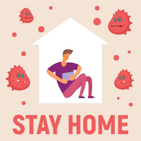 Man in the house is inside communicates on the Internet using a tablet. Vector concept with man on quarantine and self isolation communicates on the Internet using a tablet. Stay homeのイラスト素材