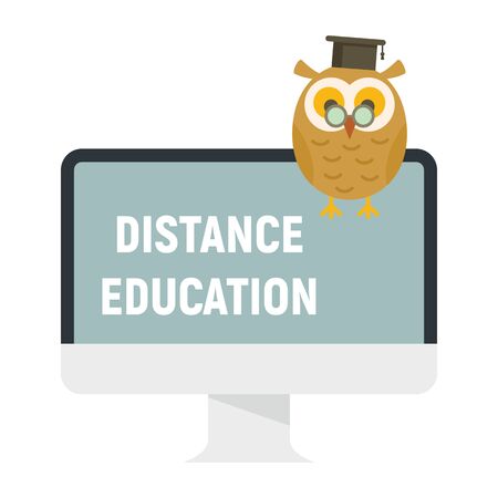 Distance learning. Vector illustration with monitor and wise owl, symbol of distance learning. Quarantined Learningのイラスト素材