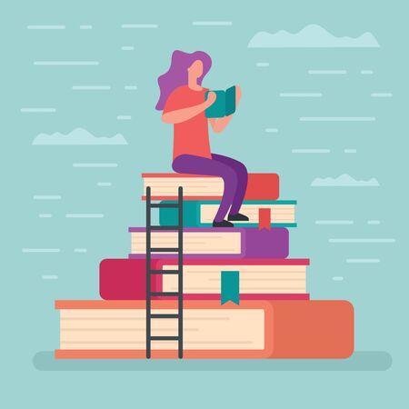 Woman sits on a high stack of books and reads book. Metaphorical concept, learning and studying, reading books. Element for education and learning designのイラスト素材