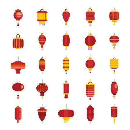 China street asian chinatown wedding paper flat lanternsのイラスト素材