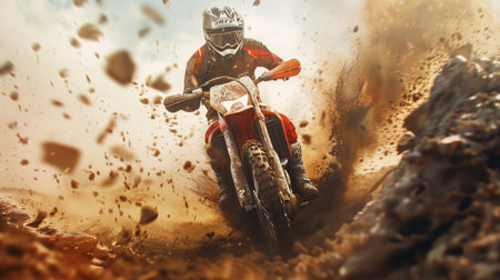 Motorcyclist riding a rally motorcycle through mud and dirt, creating an intense and dynamic action scene with flying debris and a clear blue sky in the backgroundの素材