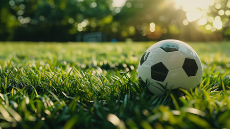 Soccer ball on a green grass field, sports background depicting a classic black and white ball resting on a well-manicured lawn, ideal for football activitiesの素材