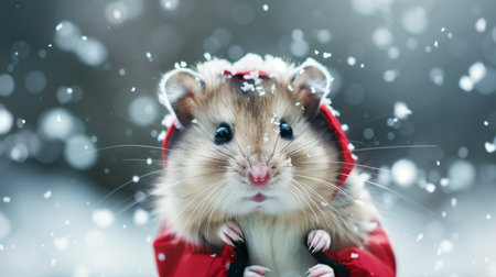Adorable hamster in a red jacket with a hood, standing in a snowy winter landscape, with snowflakes gently falling around it, creating a cute and heartwarming sceneの素材
