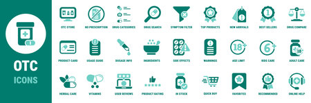 Over the counter pharmacy icons for online medicine store showing drug search categories dosage...