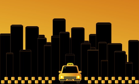 Night taxi in the city on the background of skyscrapers.のイラスト素材