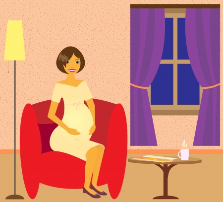 Beautiful happy pregnant woman in armchair dreams about child.のイラスト素材