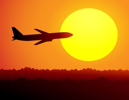 Plane in the red sky and the sunのイラスト素材