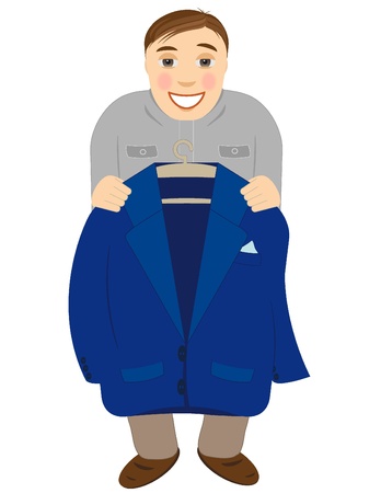 Happy worker standing with a dark blue jacket in hands.のイラスト素材