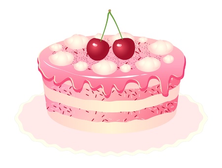 Pink delicious cake with cream, cherries and ice cream.のイラスト素材
