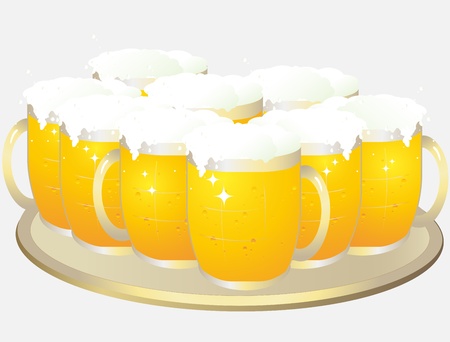 big tray with cartoon mugs of light beerのイラスト素材