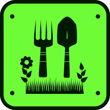 green garden sign with silhouette of grass, flower and tools for ground workのイラスト素材