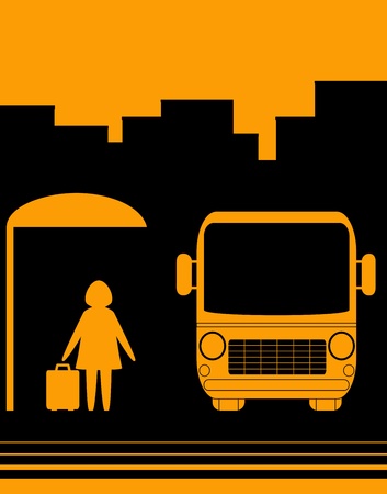 urban sketch sign with image woman with bag on bus stopのイラスト素材