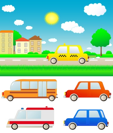 set colorful cars with summer nature landscape and cityのイラスト素材
