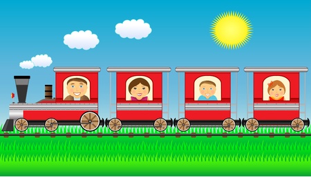 cheerful family moving in train with grass and sunのイラスト素材