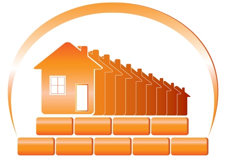 Red emblem of the building company and sun with houses, bricksのイラスト素材