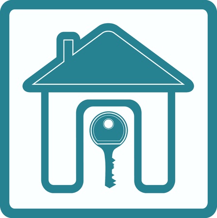  blue sign of real estate with silhouette house door and keyのイラスト素材