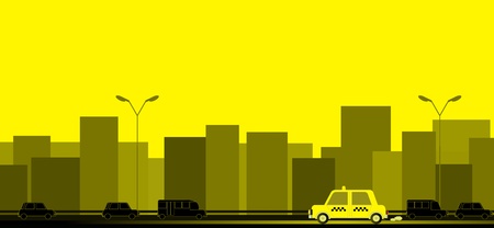 yellow transport background with taxi car on the road and house silhouetteのイラスト素材