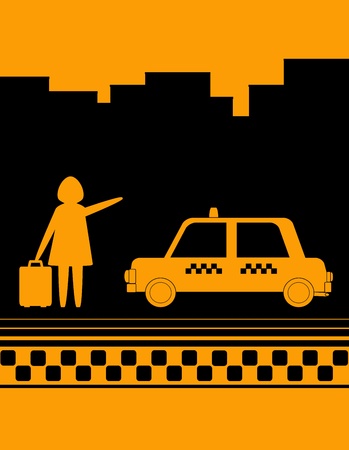 urban background woman standing on street and stops taxiのイラスト素材