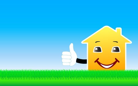 blue background with cartoon house showing thumb up and space for textのイラスト素材
