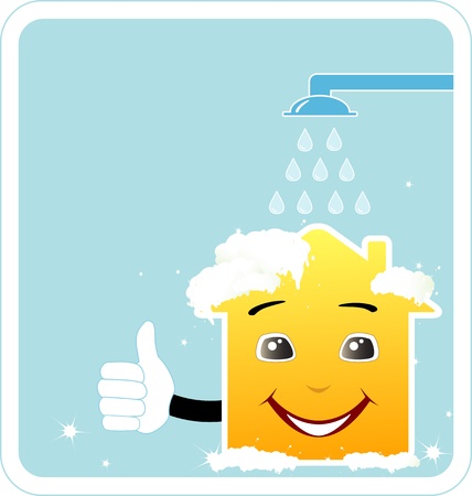 cleaning company sign with cartoon smile house thumb up and showerのイラスト素材