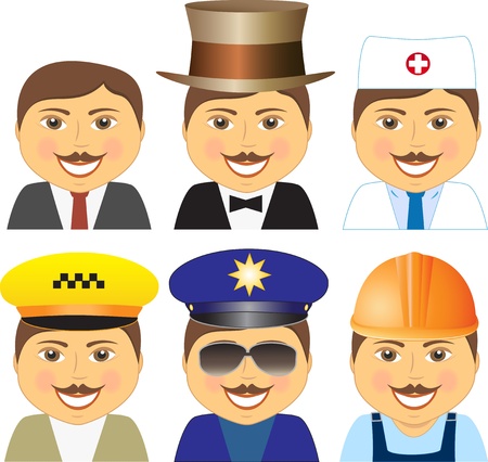 set cartoon isolated smiling mens with mustache different professionsのイラスト素材