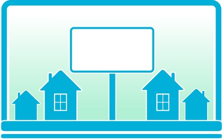 blue background with billboard and cottage silhouetteのイラスト素材
