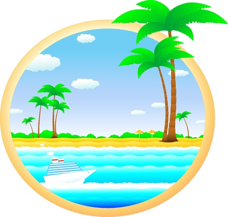 colorful tropical landscape with beach, palm and cruise shipのイラスト素材