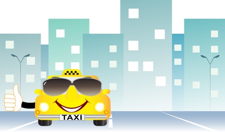 background cartoon taxi with thumb up on city road and space for textのイラスト素材