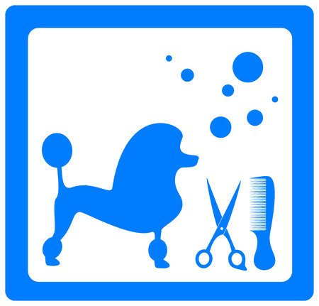 grooming symbol with poodle, scissors, comb and shampoo bubblesのイラスト素材