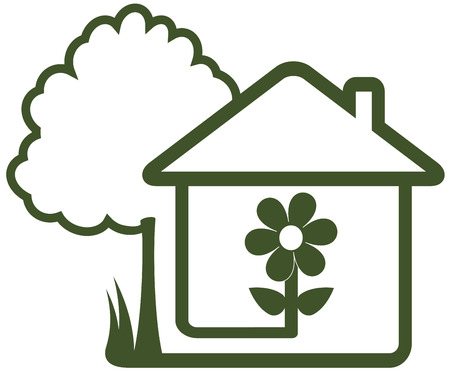 isolated sign with landscaping symbol - tree, house, flower and home gardenのイラスト素材