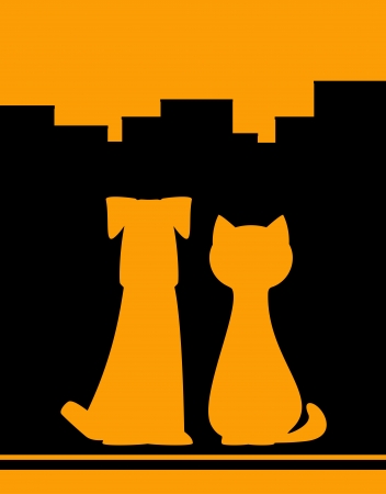 yellow urban background with dog and cat silhouetteのイラスト素材