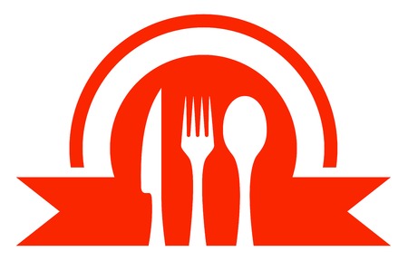 red kitchen ware icon - restaurant symbol with ribbonのイラスト素材