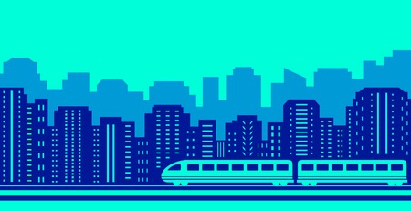 background with moving train on blue urban landscapingのイラスト素材