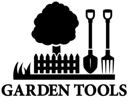 isolated black garden landscaping icon with tree, shovel and pitchforkのイラスト素材
