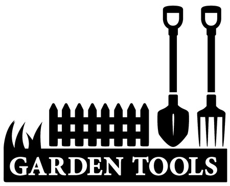 black isolated gardening tools icon with shower, pitchfork and fenceのイラスト素材
