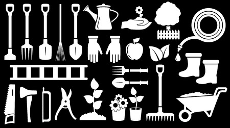 tools for gardening work on black backgroundのイラスト素材