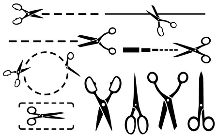 black scissors set with dotted line isolated silhouetteのイラスト素材