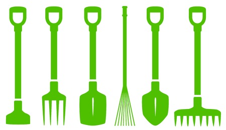 six isolated green gardening tools set on white backgroundのイラスト素材