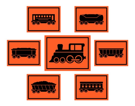 isolated set red rail road icons with train silhouette and coach collectionのイラスト素材