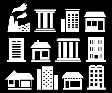 set isolated white urban buildings on black backgroundのイラスト素材