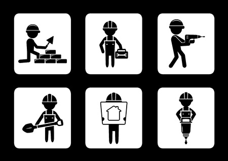 set black construction icons with builders and toolsのイラスト素材
