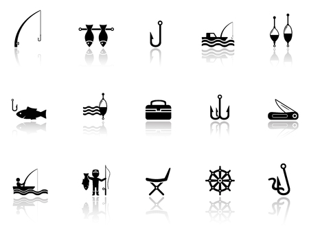 black isolated  objects with fishing icons setのイラスト素材
