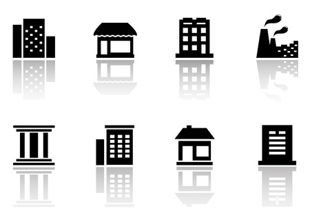 set black houses icons with reflection silhouetteのイラスト素材