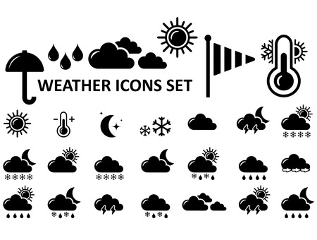 black isolated weather icons set on white backgroundのイラスト素材