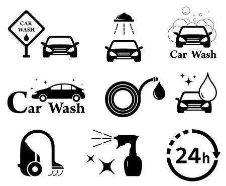 black isolated car wash icons set on white backgroundのイラスト素材