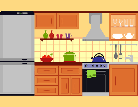 kitchen room with furniture set. family cuisine interior on flat style.のイラスト素材