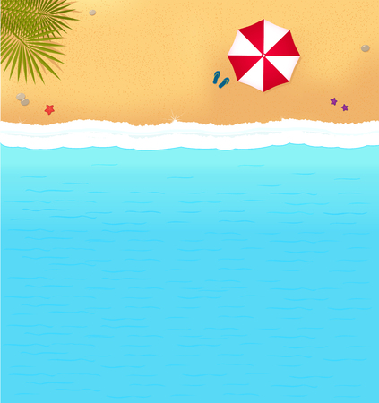 sea beach with waves and red umbrella. bright background with beach for sea resortのイラスト素材