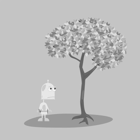 robot looks at a tree, gray picture, displays modern technology and natureのイラスト素材